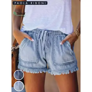 Women's Plain Drawstring Waist Denim Shorts, Casual Fashion Pocket Shorts for Daily Wear, Ladies Summer Bottoms