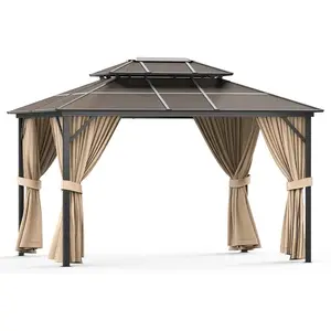 10 x 13 ft Heavy Duty Aluminum Pergola, Hardtop Double Roof Design with Mesh Netting and Privacy Curtains – All-Weather Metal Canopy for Backyard, Deck, Patio or Poolside, Khaki