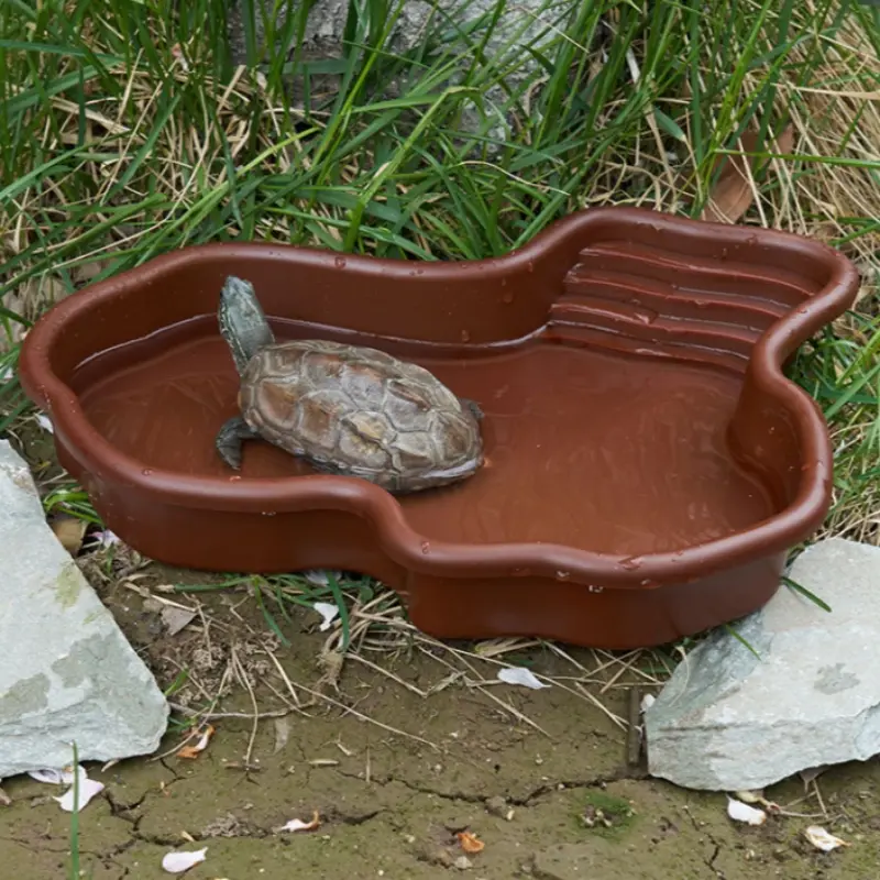 Large Plastic Turtle Feeder Bowl with Sun Platform, Easy Clean Reptile Accessories, Suitable for Turtles, Lizards, Amphibians