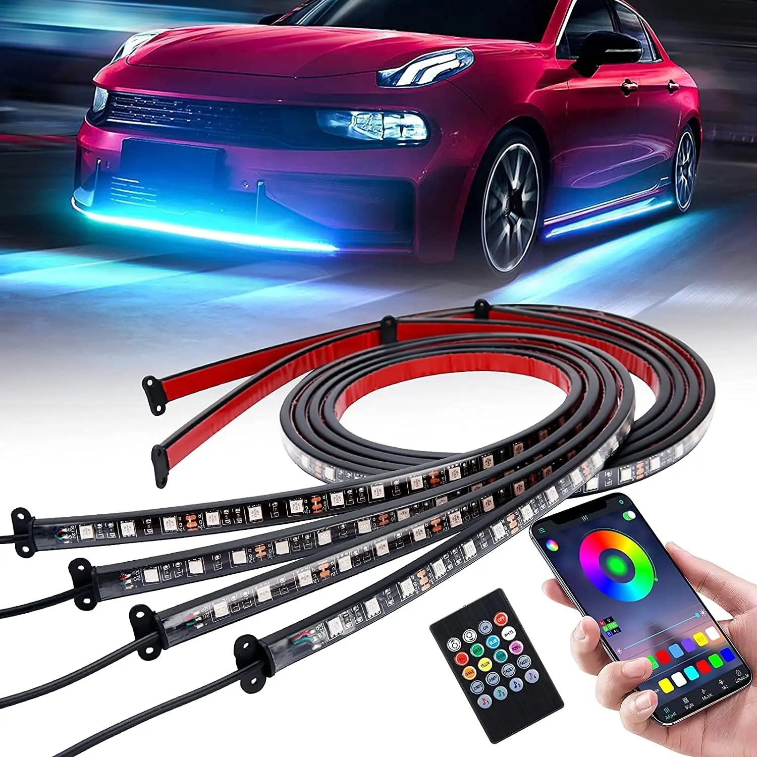 4Pcs Car Underglow LED Strip Lights Kit, Car Accessories with APP Control, Colorful Ambient Neon Music Lighting, LED Chips Underbody Light Strip for Truck ATV Off-Road Vehicles, Colorful Ambient Light