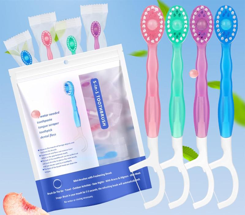 Mini Disposable Toothbrushes 5-in-1 Tool (Paste + Brush + Floss + Pick+Tongue Odor Remove) Individually Wrapped Disposable Prepasted Travel Toothbrushes Small Adult Toothbrush - (26 Packs)