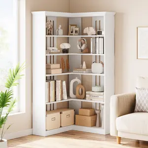 5-Tier Tall Wood & Metal Bookcase –-L-Shaped Corner Bookshelf 72.8" – 5-Tier Tall Wood & Metal Bookcase – Large Storage Display Rack– Full Panel – Modern Farmhouse Office Furniture