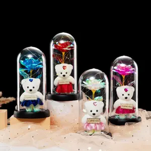 Battery Powered Eternal Rose & Bear in Glass Dome without Battery, 1 Count Creative Spring Artificial Flower & Bear Decorative Ornament for Home Room Decor, False Plants Adornment, Birthday Gift