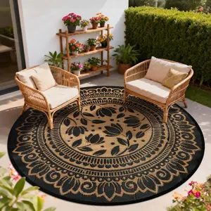 Geanup Round Outdoor Rug Waterproof, Vintage Reversible Plastic Straw Circle Rugs for Camping, Foldable Outside Carpet for RV Deck Backyard Picnic Patio Beach