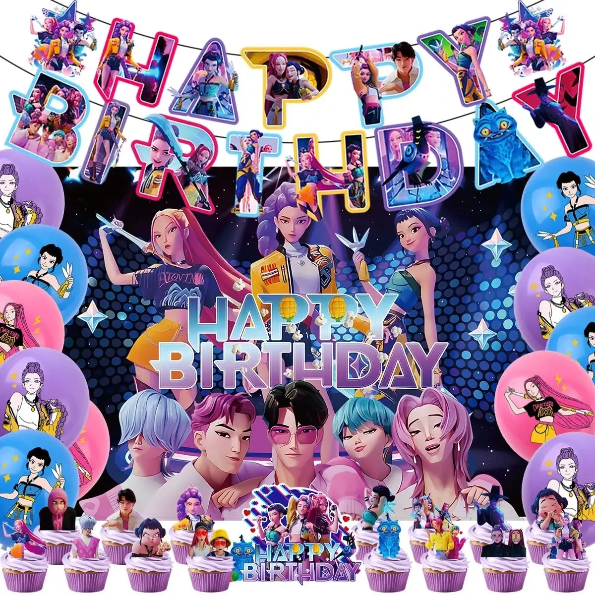 K-P Dem Hunt Anime Birthday Decoration Set – Flag Balloons, Cake Topper, Paper Cup Decorations, Party Supplies for Kids