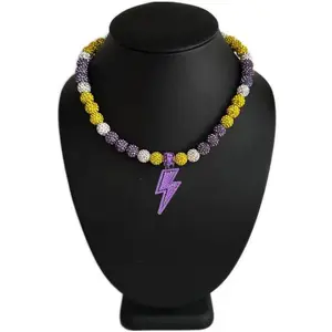 Iced Bling Disco Ball Rhinestone Pollyanna Crystal Bead Baseball Softball Necklace Purple Yellow Lightning
