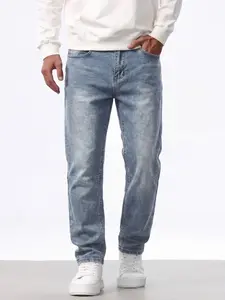Men's Elastic Denim Jeans, Slim Fit Skinny Pants, Plain Blue Men's Clothing, All Season Wear, Father's Day Gift