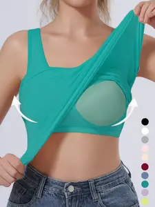 Women's Solid Color Tank Top with Chest Pad, Casual Comfortable Breathable Top, Gym Top, Women's Top for All Seasons, Womenswear
