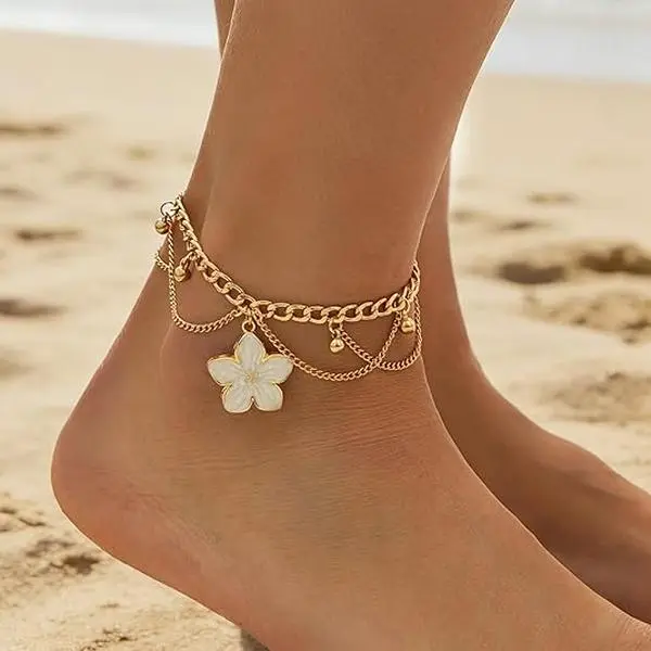 Fashion Layered Flower Charm Anklet for Women Golden Cuban Link Chain Tassel Waterproof Ankle Bracelet Adjustable Beach Vacation Foot Jewelry Summer Accessories
