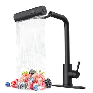 【Mother's Day Gift】Black Waterfall Ktichen Faucet with Pull Down Sprayer，Stainless Steel Kitchen Faucets with 3 Modes 90° Rotaing to Switch Mode SUS304 Sink Faucet