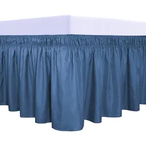 Wrap Around Ruffled Bed Skirt with Elastic Belt - 14 Inch Drop Easy to Put On, Wrinkle Free Bedskirt Dust Ruffles, Bed Frame Cover for Queen, King and C-King Size Beds, Navy