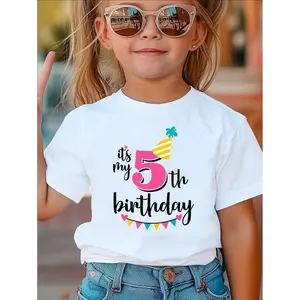 Girls 5th Birthday 100% Cotton T-Shirt, White Casual Round Neck Top, Summer Tees With Letter Graphics, Kid's Clothing