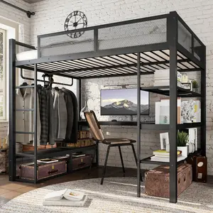Queen Size Loft Bed with Storage Shelves, Metal Loft Bed with Clothes Hanging Rod and Desk, No Box Spring Needed Design, Black