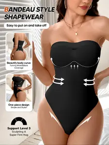 Women's Strapless Seamless Elastic Thong Bodysuit Shaper – Tummy Control Body Briefer with Built in Chest Lift, Invisible Tube Top Underwear Shapewear (Black)