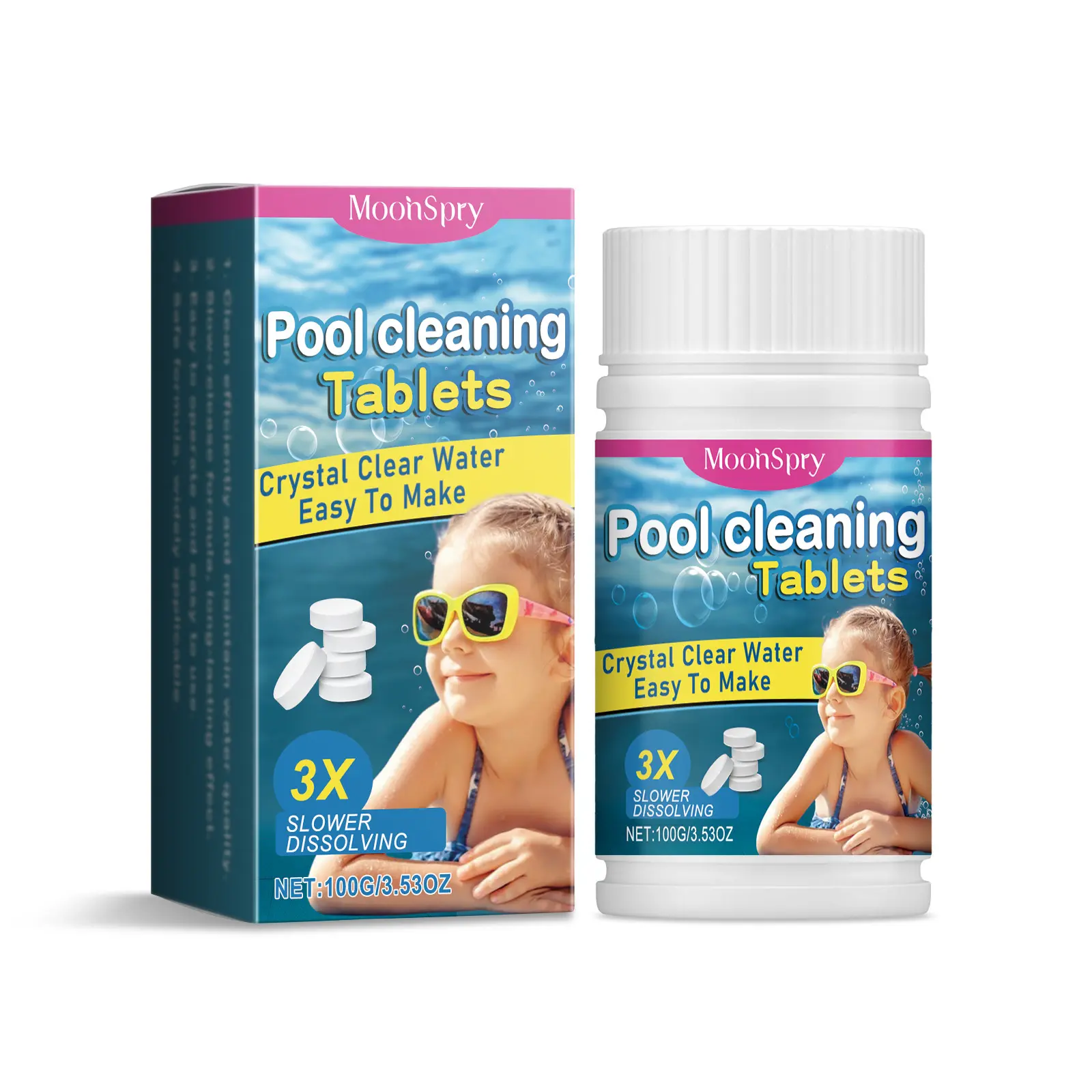 MoonSpry Slow-Release Pool Cleaning Chlorine Tablets - Water Decontamination, Deodorization Effervescent Cleaners for Pools & Hot Tubs