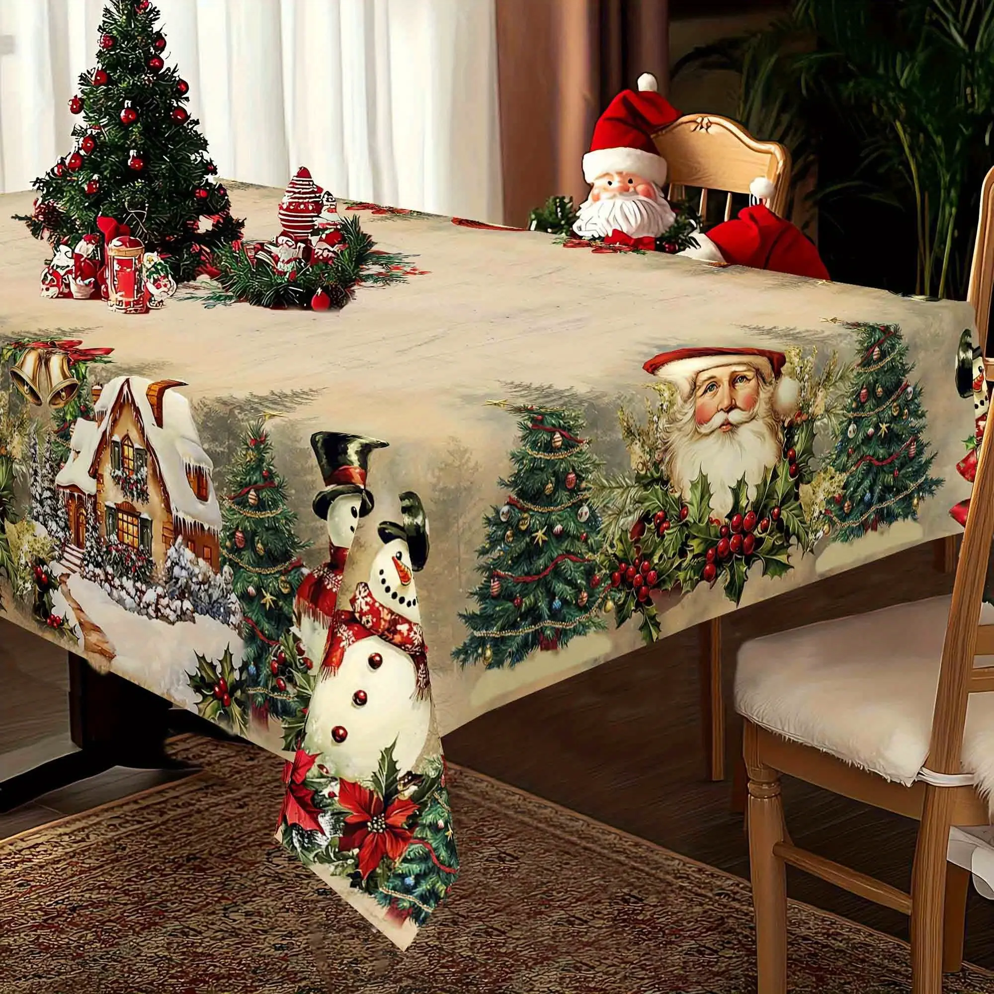 1pc Rectangular Polyester Tablecloth - Lacy, Vintage Wood Grain Pattern, Christmas Theme, Santa Claus, Floral Design, Machine-Washable, Festive Outdoor Table, Home Kitchen Holiday Party Indoor Dining Decor