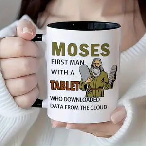 1pc 11oz Ceramic Coffee Mug with Moses & Ten Commandments Design - Religious Humor Gift for Christians, Men & Women, Durable White & Black Holiday Cup for Christmas, Parents, Daily Use, Coffee Cup, Humorous Design, Faithbased Gifts