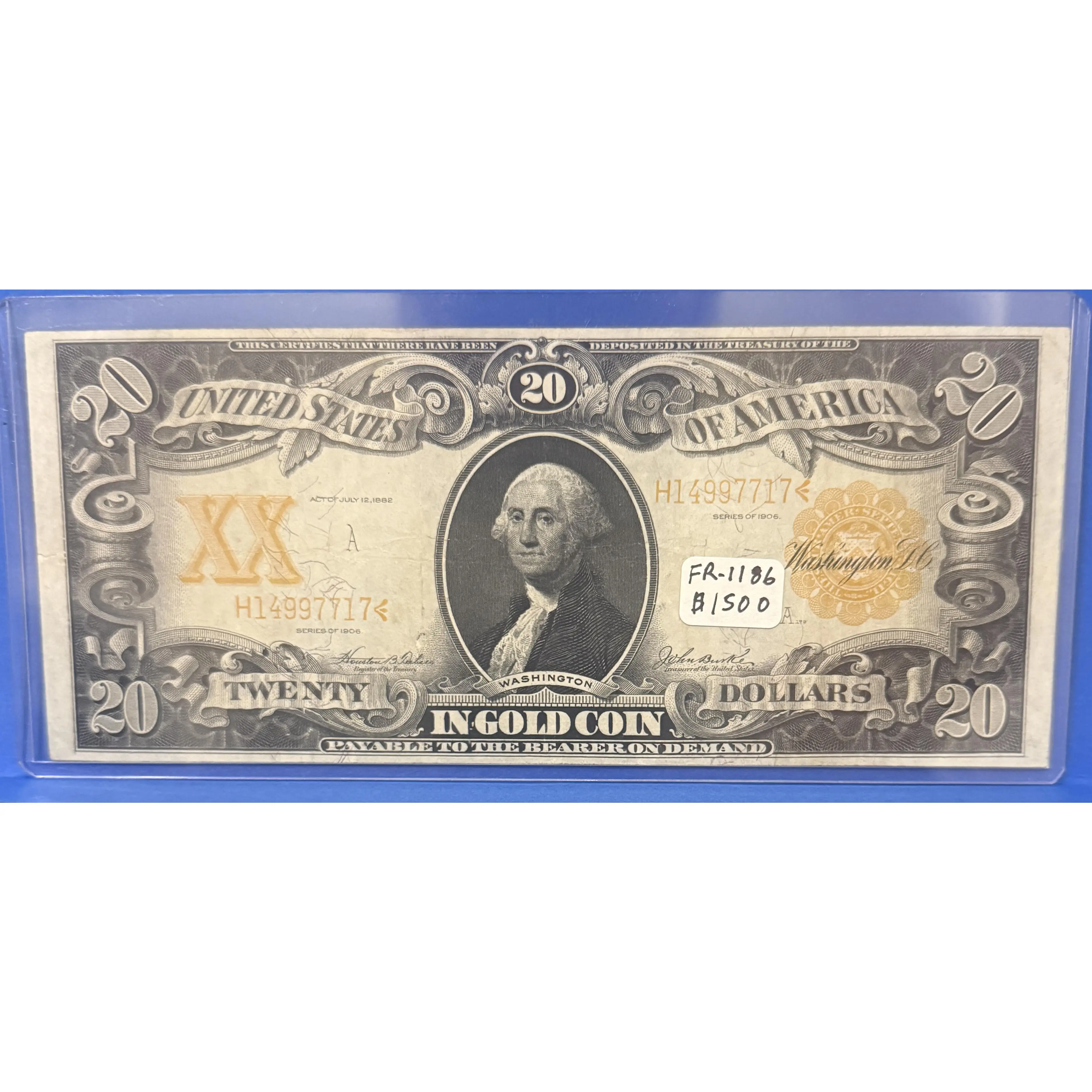 20 Dollar Bill in Gold Coin Payable to the Bearer on Demand FR-1186 B1500