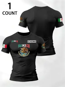 Men's Regular Fit Mexican Flag Letter Print T-Shirt, Streetwear, Street Fashion Casual Short Sleeve Top, Daily Wear Summer Clothing, Menswear