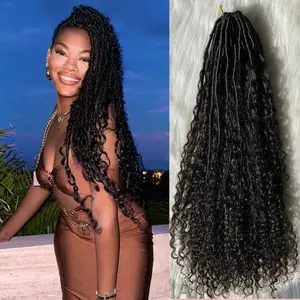 WAIW HAIR Crochet Boho Locs Brading Hair with Human Hair Curls Pre Looped Curly Goddess Boho Dreadlocks Hair Extensions for Black Women Human Hair Natural Color