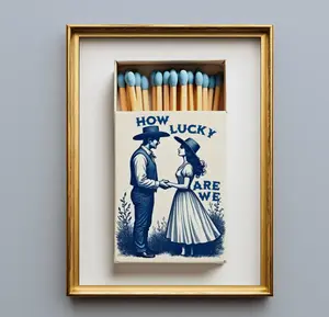 How Lucky Are We Matchbox Print - Custom Western Wall Art, Cobalt Blue Chinoiserie Decor