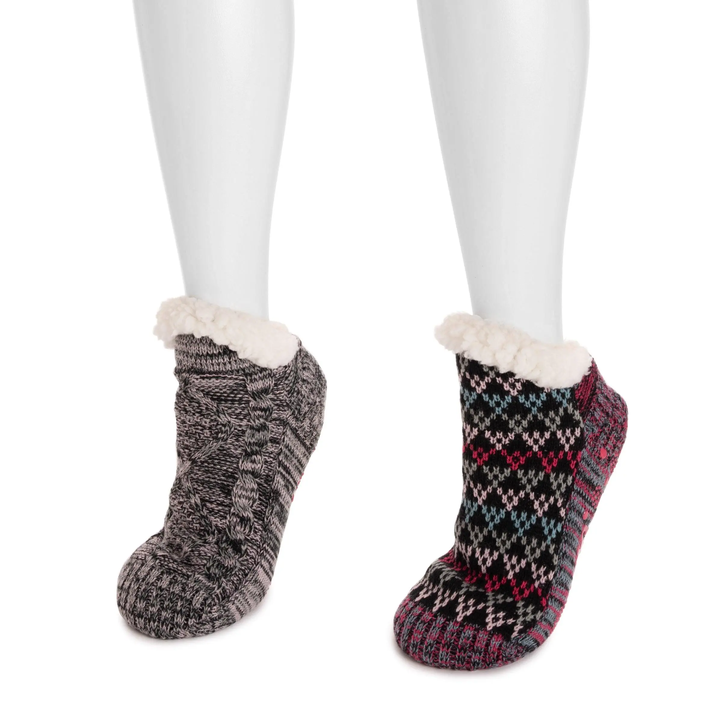 Women's 2-Pair Fuzzy Dot Polyester Fur Ankle-Length Bundle Casual Combo Shortie Cabin Socks, PVC Sole, Comfortable Everyday Socks, Bundle Ankle Socks, Casual Ankle Socks