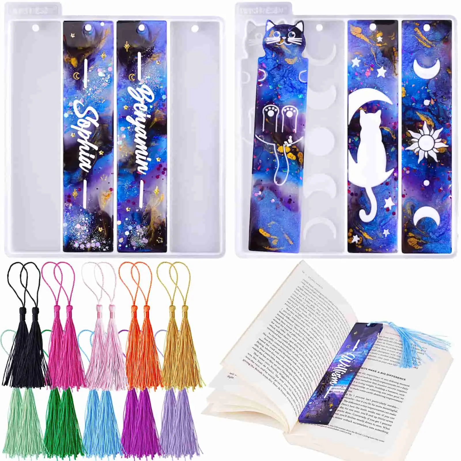 LET'S RESIN Bookmark Resin Molds Silicone 1.5'' Wide, Blank and Cat Moon Pattern Silicone Bookmarks Molds Kit with 20pcs Tassels, Rectangle Bookmark Molds for Epoxy Resin Casting Crafts