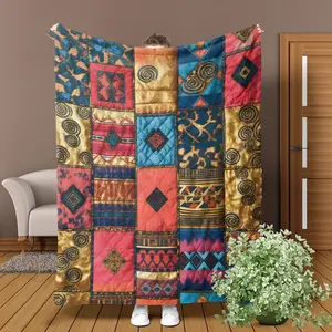 Bohemian Patchwork Blanket, Ethnic Style Flannel, Geometric Floral Print, Soft Warm All-Season Sofa Bed Camping Travel Blanket, Home Decor Gift