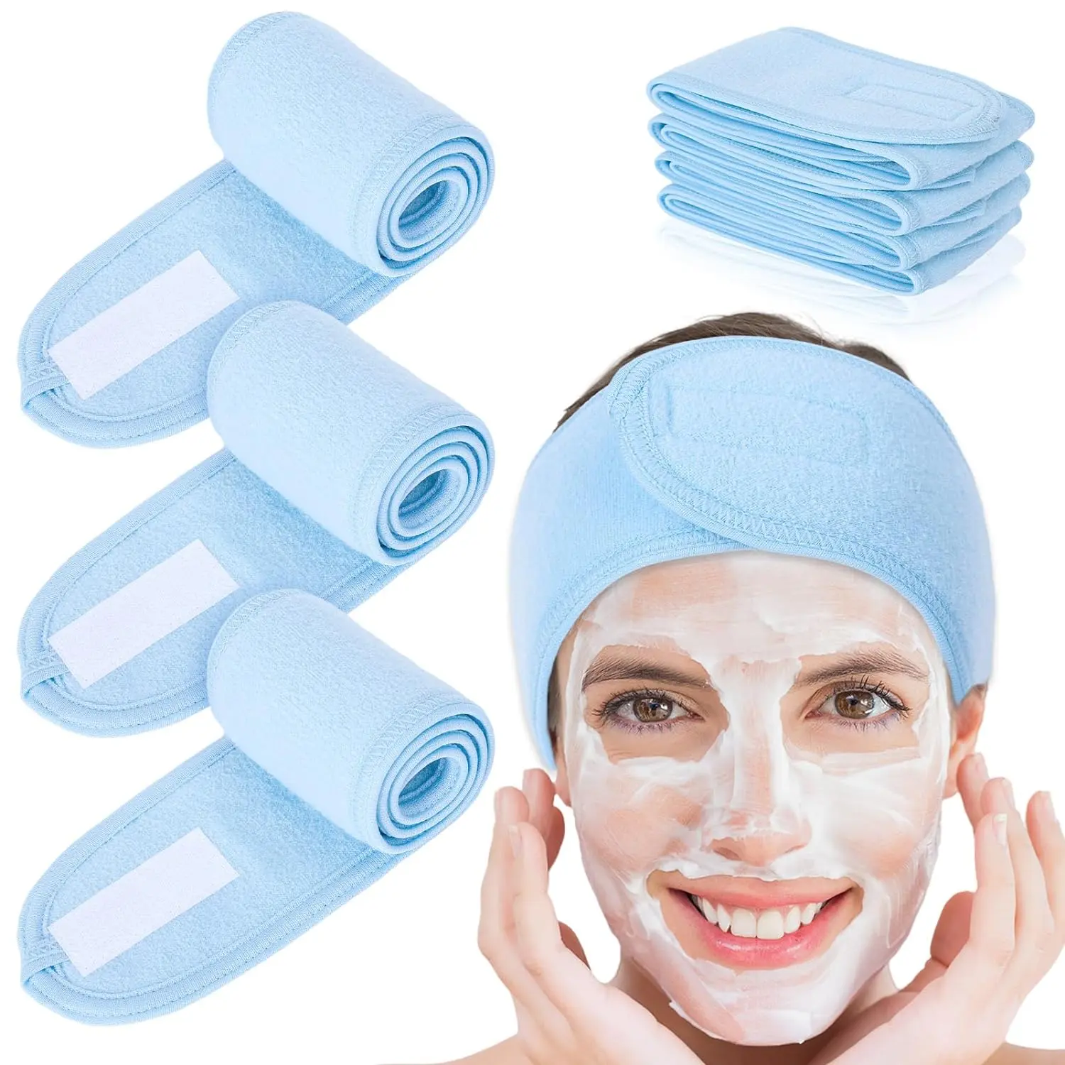 Whaline Spa Facial Headband Head Wrap Terry Cloth Headband 4 Counts Stretch Towel for Bath, Makeup and Sport (Light Blue) Whaline