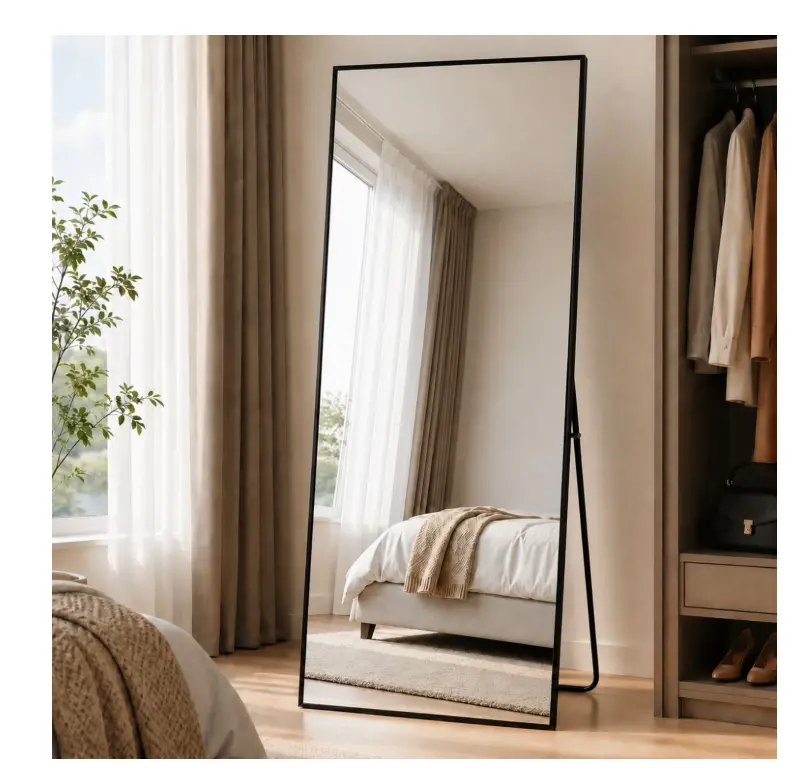 BEAUTYPEAK 64"x21" Minimalist Full-Length Floor Mirror, Black Metal Frame, HD Shatterproof Lightweight Safety Mirror for Bedroom, Bathroom Decor with Distinct Reflection, Entryway