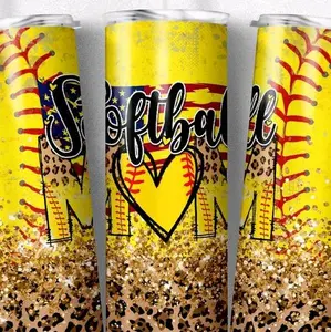 20oz Softball Mom Tumbler with Leopard Print and Glitter Design