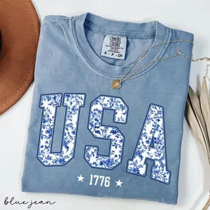 Comfort Colors Floral Toile USA T-Shirt  Patriotic 4th of July Tee, 4Th July For Women, 4Th Of July Flag, USA Flag Heart, Floral Flag