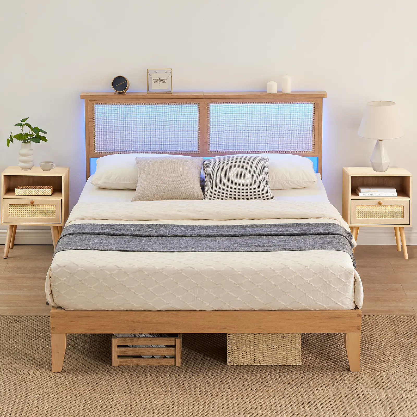 Bed Frame Full/Queen Size, Bohemian Platform Bed Frame with Rattan Storage Headboard, Adjustable Led Lights, Wooden Support Legs, No Box Spring Needed, Noise-Free, Easy Assembly