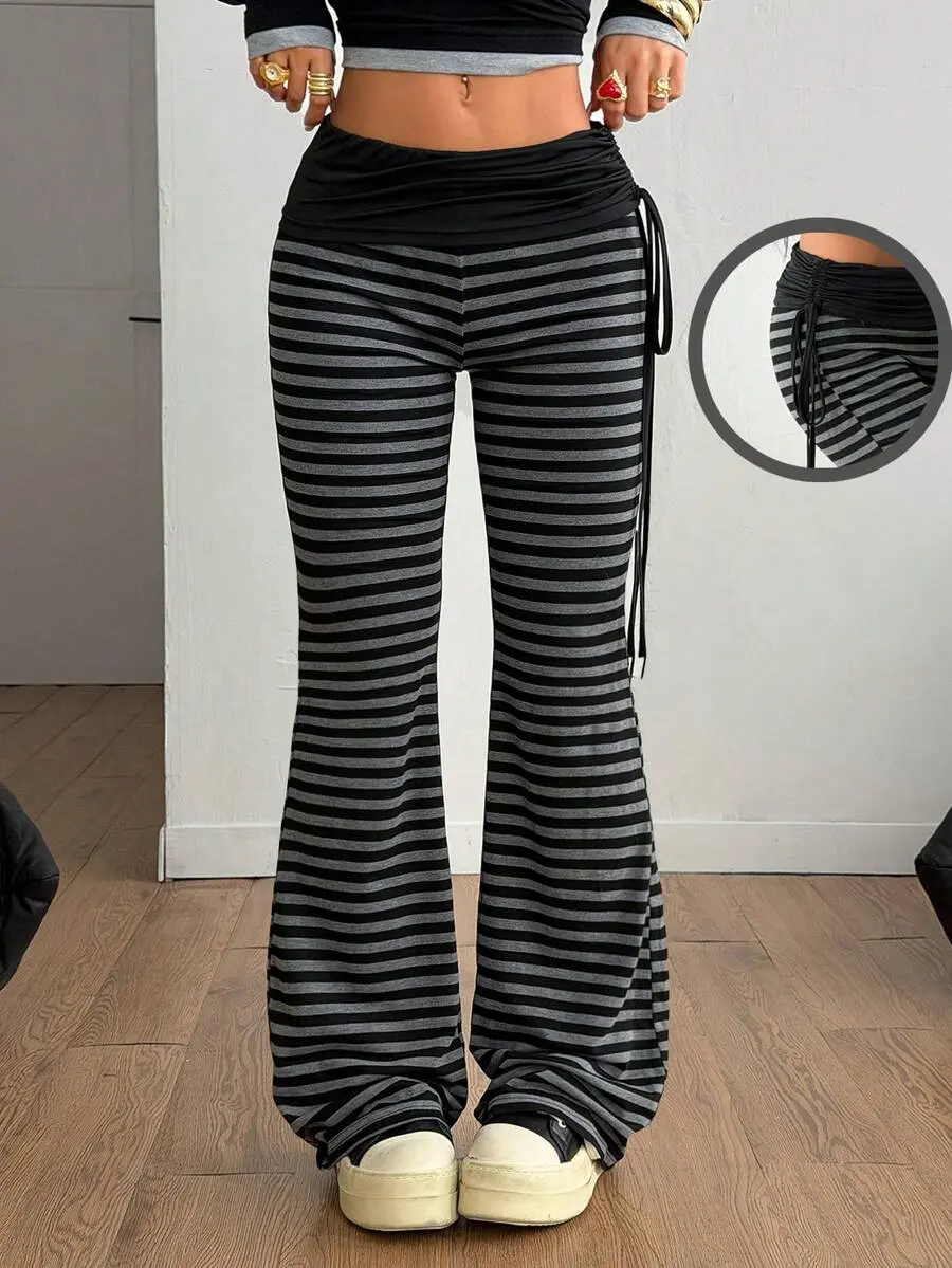 SHANIAH Women's Fall/Winter Vintage Black Street-Style Vintage Side Drawstring Striped Flared Pants Bell Bottom Pants