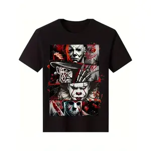 Men's 100% Cotton Horror Idol Graphic T-Shirt - Black Short Sleeve Casual Street Style Shirt, Jason, Freddy, and Michael Myers Digital Print - All-Season Comfortable Crew Neck Top, Horror Fan Must-Have, Breathable Comfortable Style S-3XL