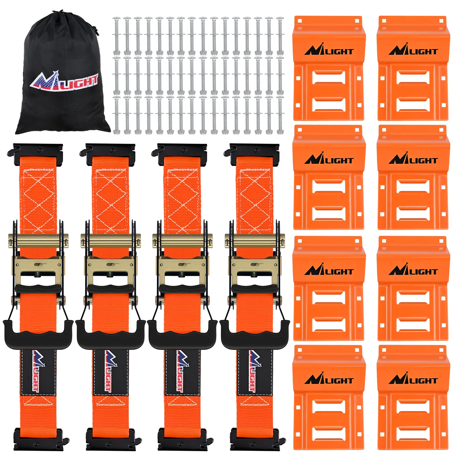 Nilight Wheel Chock Tie Down Kit with 4Pcs-8Pcs E-Track Ratchet System Straps (4500lb Break Strength) for ATV/UTV/SXS, Lawn Mower Trailer Tire Securing, Orange Automotive Exterior Accessory