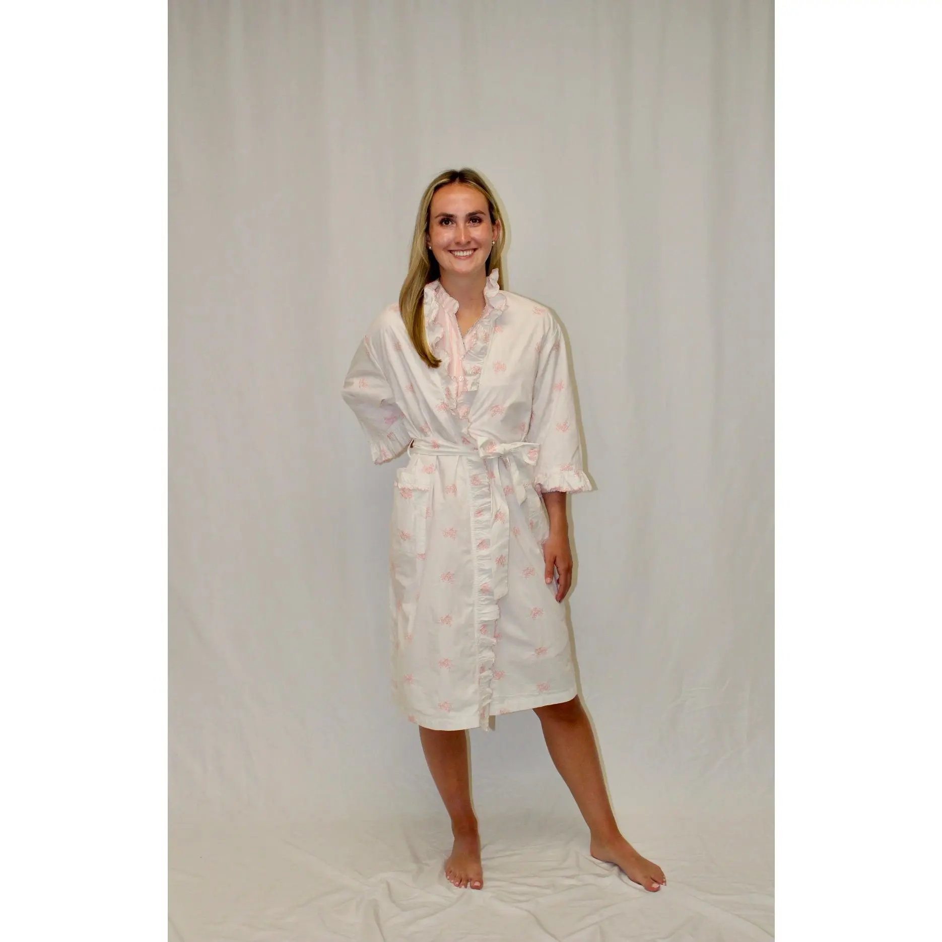 Nancy Cotton Ruffle Embroidered Robe - Pink