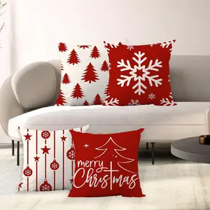 4 Pcs Christmas Pillow Case Red Christmas Tree Snow Print Pillow Cover Party Festive Sofa Home Decoration Cushion Cover