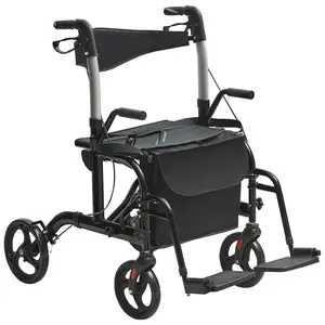 2-In-1 Rollator Walker And Transport Chair For Seniors, Folding Rolling Walker Wheelchair Combo With Footrests, Lightweight Aluminum Mobility Walker With Adjustable Handle, All-Terrain Wheels, Supports Up To 300 Lbs