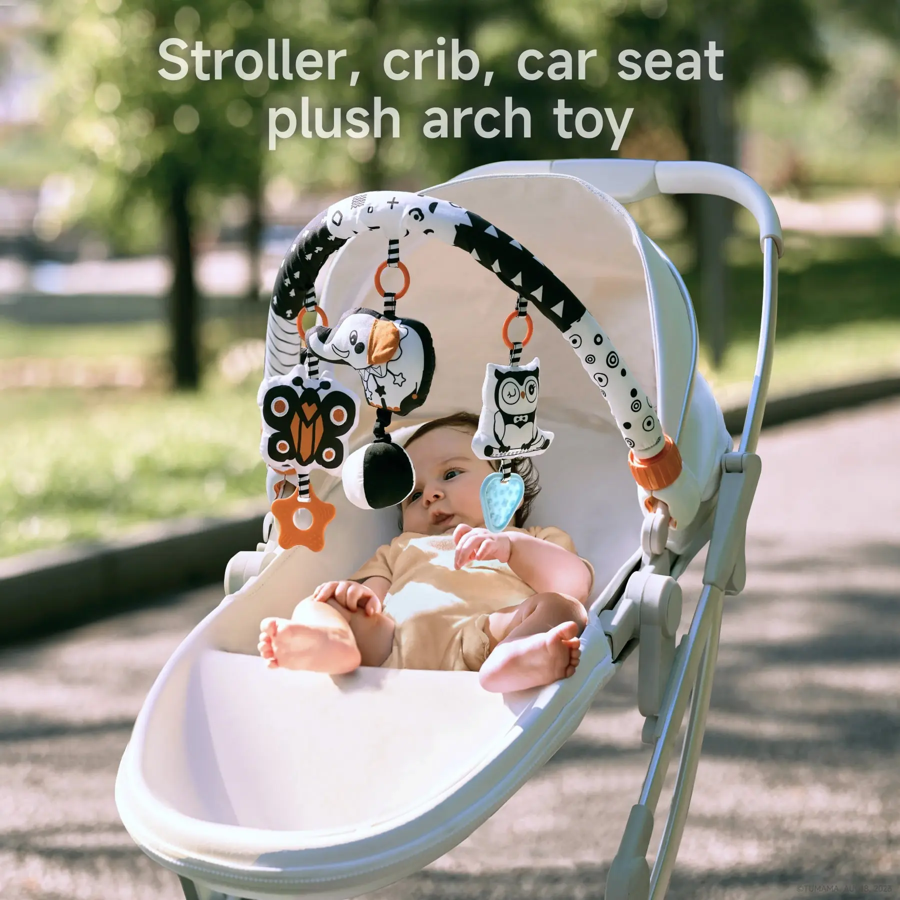 Baby Stroller Toy for Newborns 3-9 Months, Black & White Activity Arch Mobile with Hanging Rattles for Crib, Bassinet, Playpen
