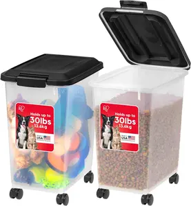 Dog Food Storage Container, 2 Pack, Up to 30 lbs Each, Airtight Seal for Freshness, Wheels for Rolling, Easy One Hand Opening, Made in USA, BPA Free, Clear/Black