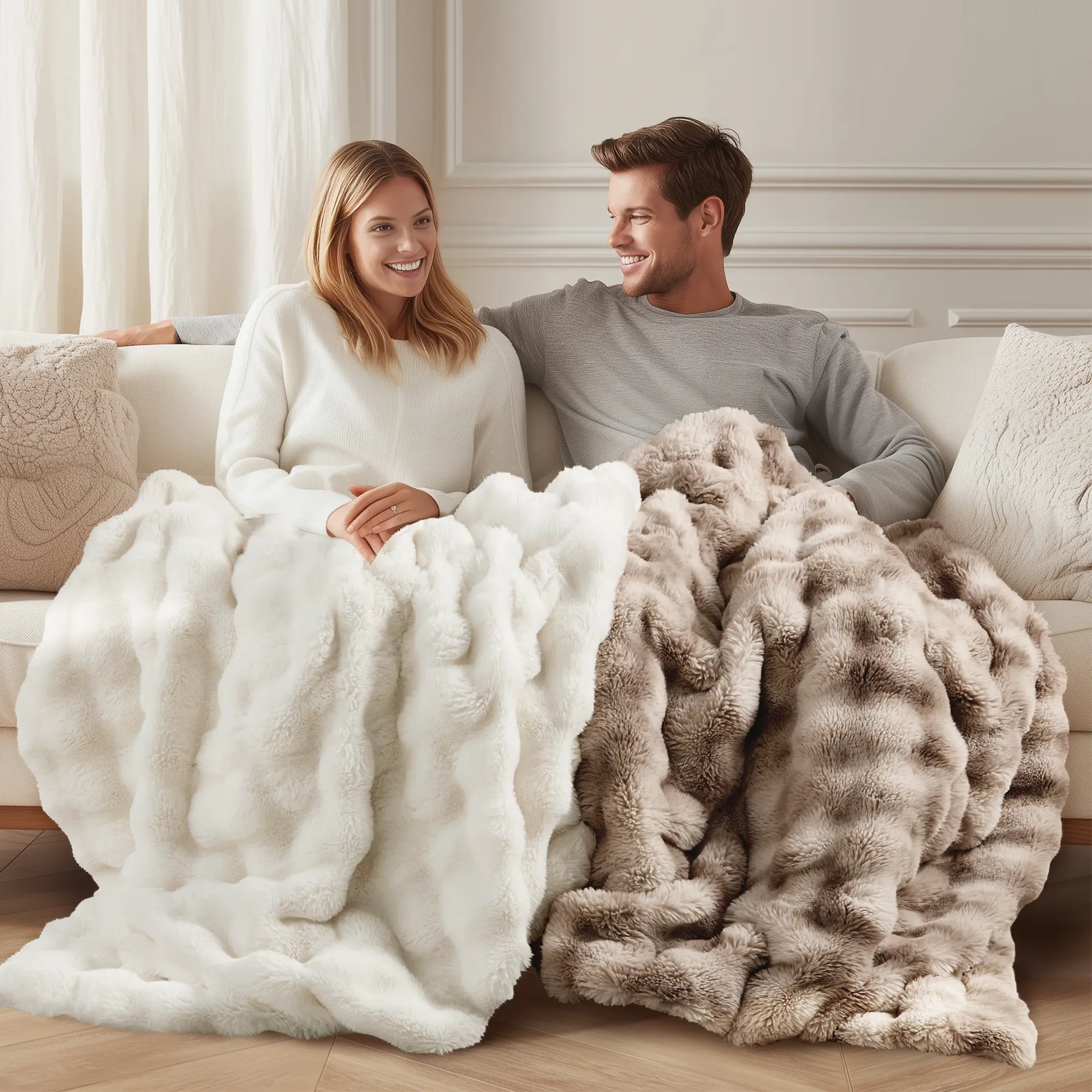 BLUNIQUE Ultra Soft Cozy Faux Fur Throw Blanket 800GSM Fuzzy Plush Thick Bubble Blanket for Couch Bed Living Room Fleece 50x60 inch High-Low Wave Design Ultimate Comfort & Warmth