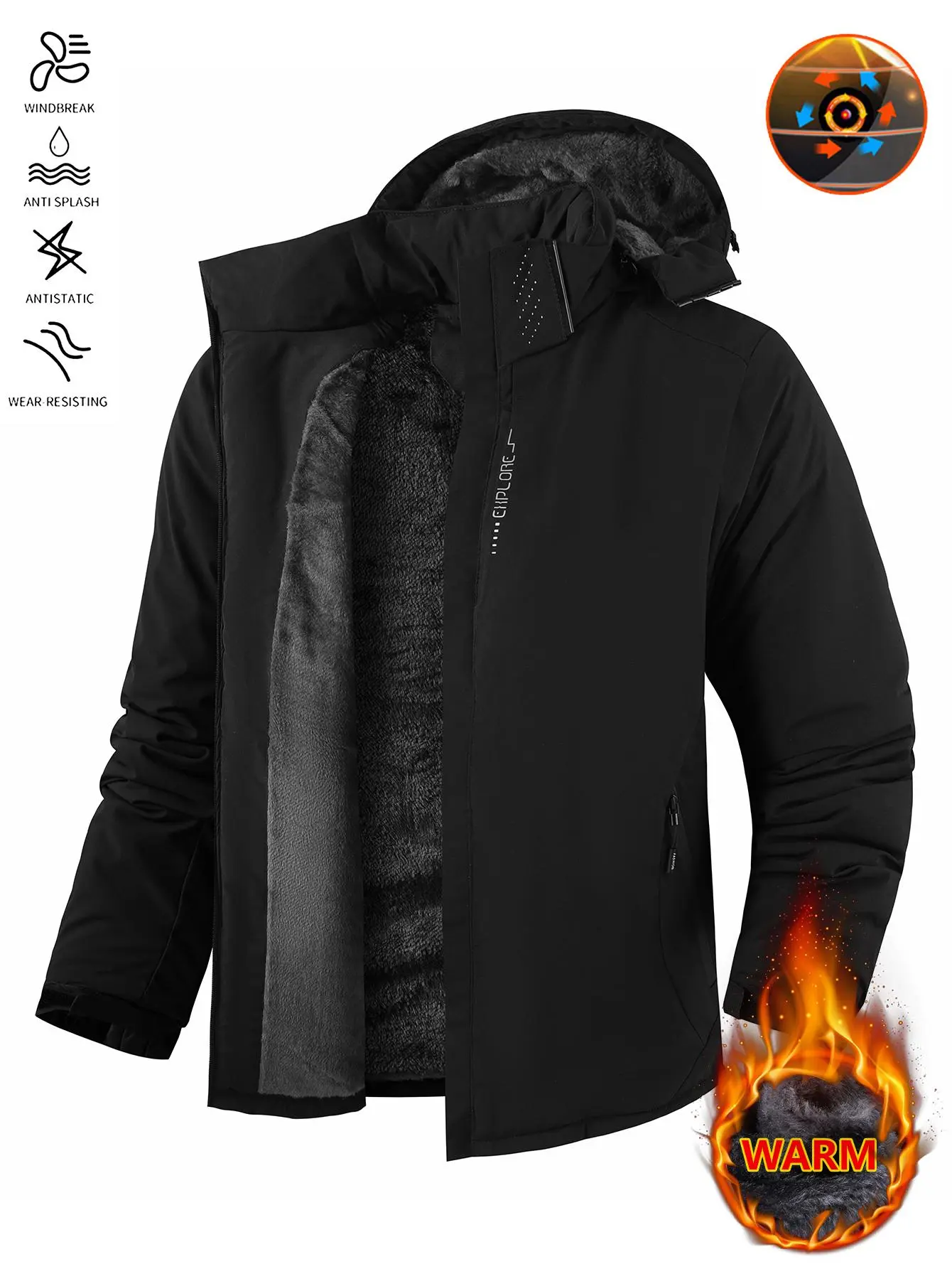 Men’s fleece-lined hooded winter jacket, windbreaker with splash protection, anti-static, wear-resistant, warm insulated outerwear, adjustable hood & zippered pockets for skiing, hiking, camping, cold weather outdoor daily casual wear