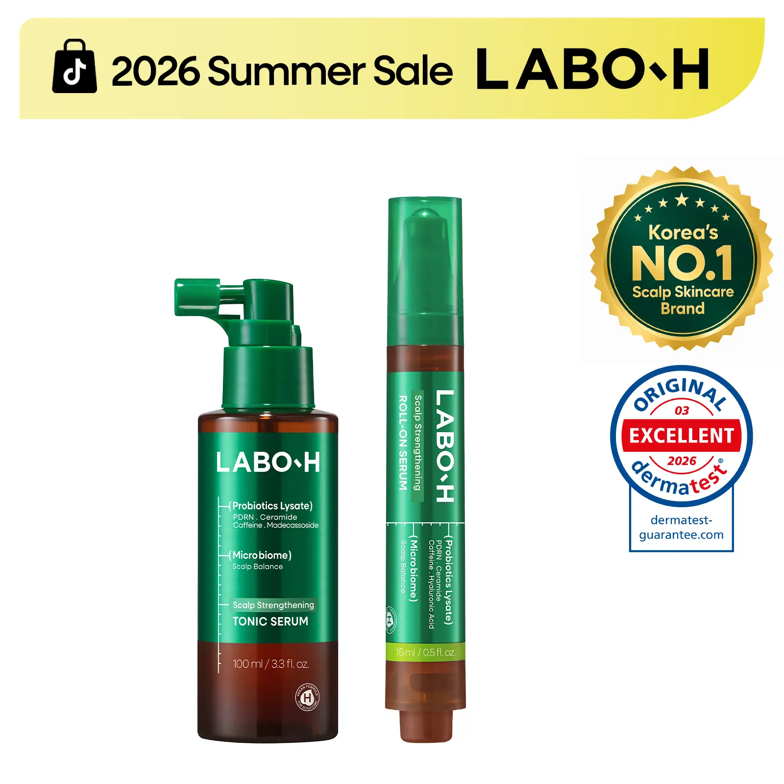 LABO-H Dual Serum Duo | Cooling Scalp Tonic and PDRN Roll-On Serum | Daily Leave-On Hair Loss Routine Set | Korean Haircare