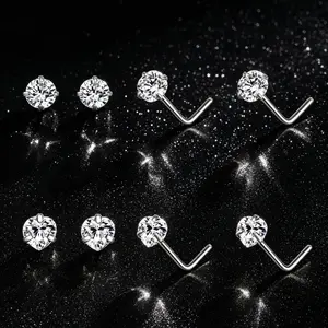 OUFER 20G Pcs Titanium  L-Shape Heart/Round Rhinestone Nostril Piercing Nose Studs, 2PCS Style Design for Daily Wear & Double Nose Piercing