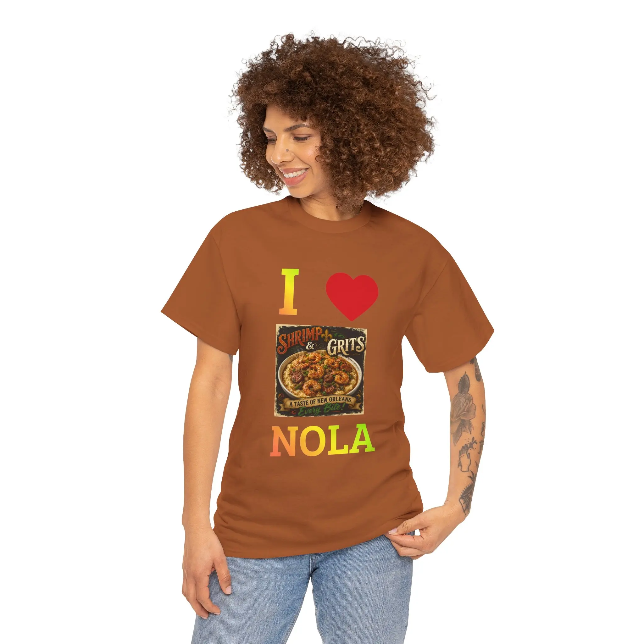I LOVE  NOLA Shrimp and Grits T-Shirt | New Orleans Food Tee Breathable Cotton Womenswear Crew Neck