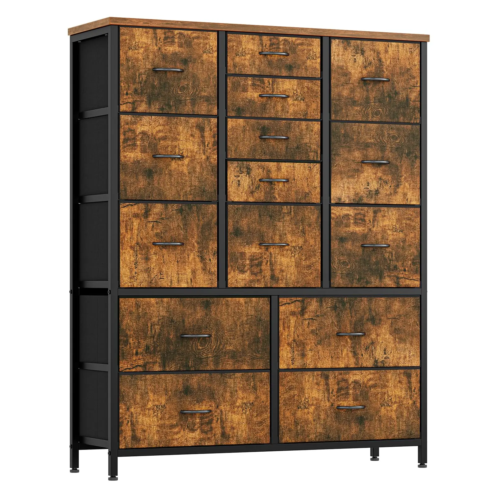 【GARVEE】15 Drawers Dresser with Wood Tabletop and Metal Frame, Fabric Storage Organizer Unit, Tall Chest of Drawers for Bedroom, Living Room, Hallway, Entryway in Rustic Brown Finish