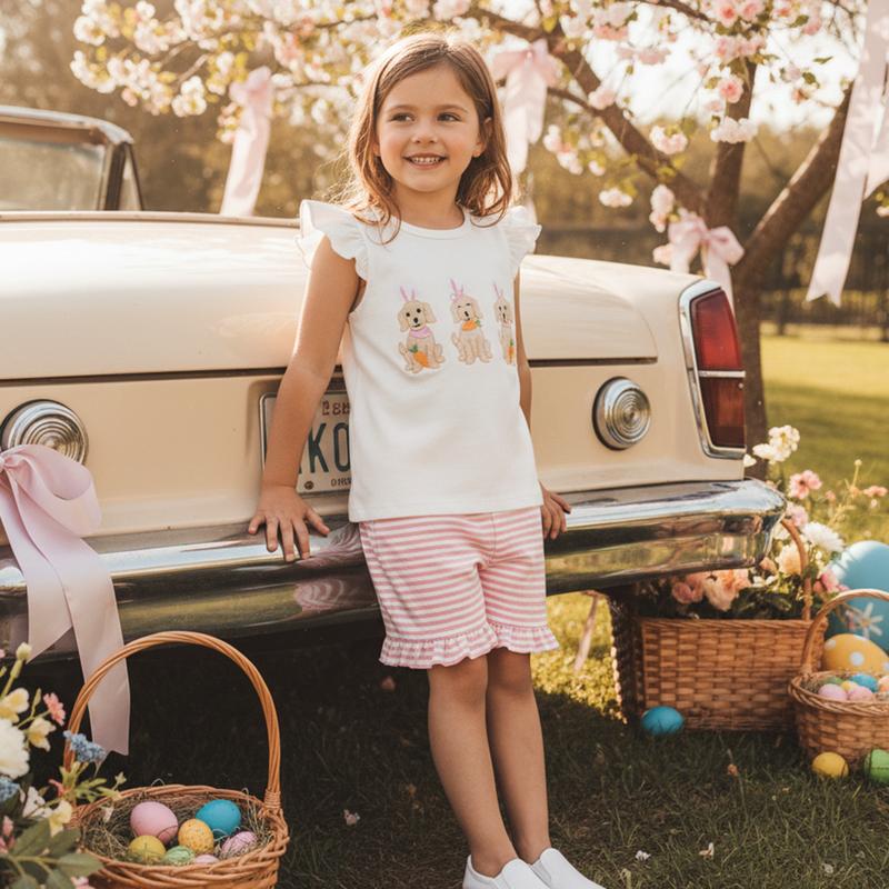 Little Kids Toddler Baby Girl Easter Outfit Fly Sleeve Dog Embroidery Shirt Top Stripe Shorts Set Summer Clothes