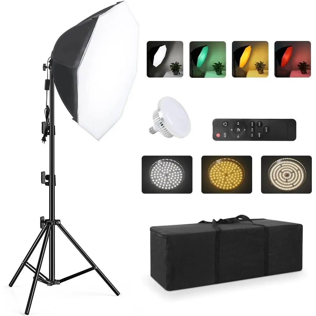 Softbox Continuous Lighting Kit 1 Pack for Camera Photo Video Photography Studio Light with 28'' x 28''Octagon Softbox and Dimmable Super Bright Bulb/Nylon Color Screen/Light Stand/Carrying Bag