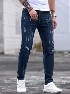 New men's slim-fitting ripped trendy jeans, classic denim blue, daily commute versatile pantalon de hombres
